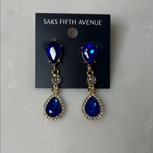 Saks Fifth Avenue Royal Blue, Rhinestone in Gold Tone Teardrop earrings